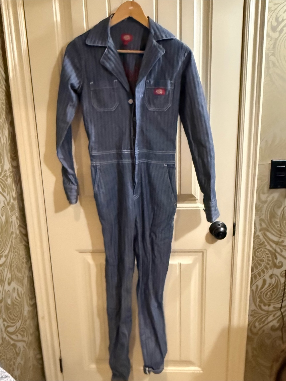 Dickies Blue Pinstripe Workwear Pocket Shirt with Red Logo Patch